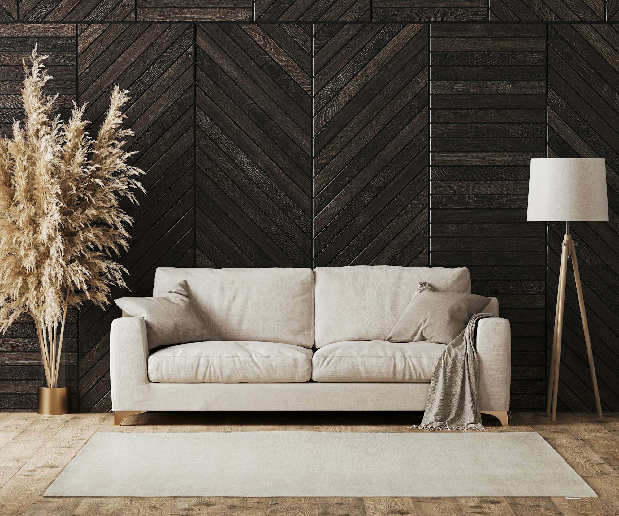 Modern luxury living room interior with beige sofa and decorative wood wall panel with parquet floor