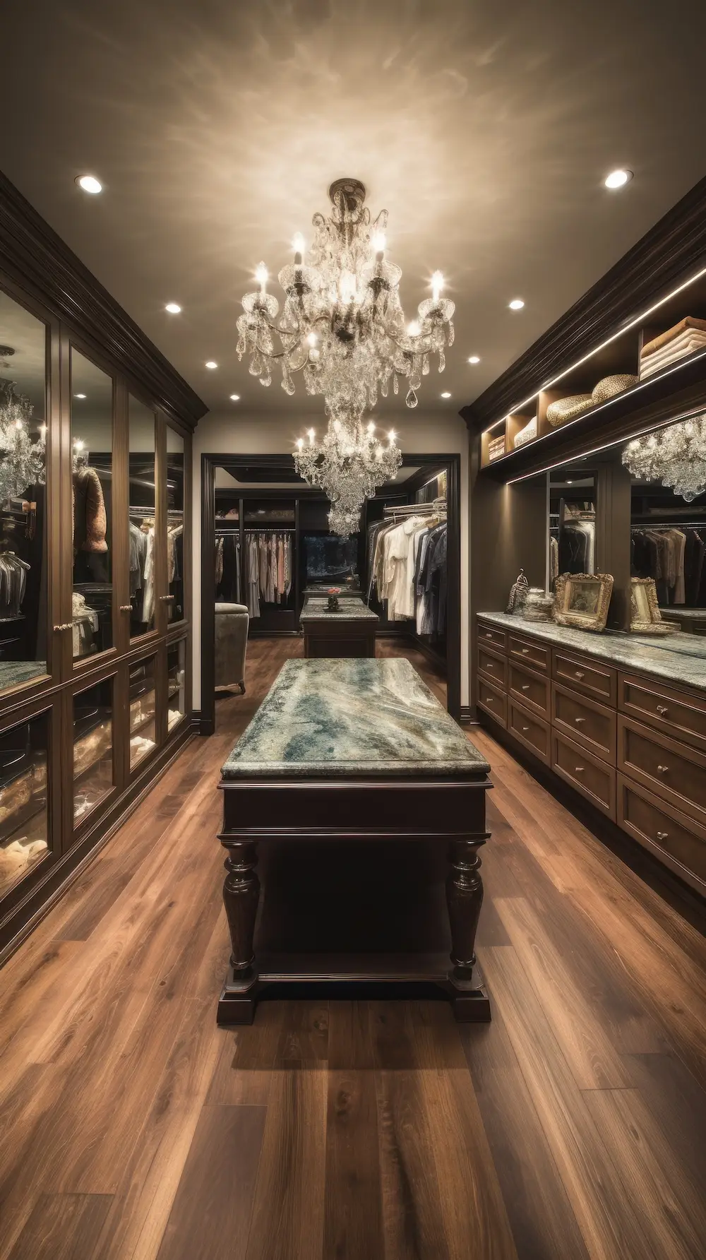 Indulge in Sophistication: Waterproof Housing & Custom Cabinetry Create Luxurious Walk-In Closet with Illuminated Displays & Exquisite Collectio, Generative AI